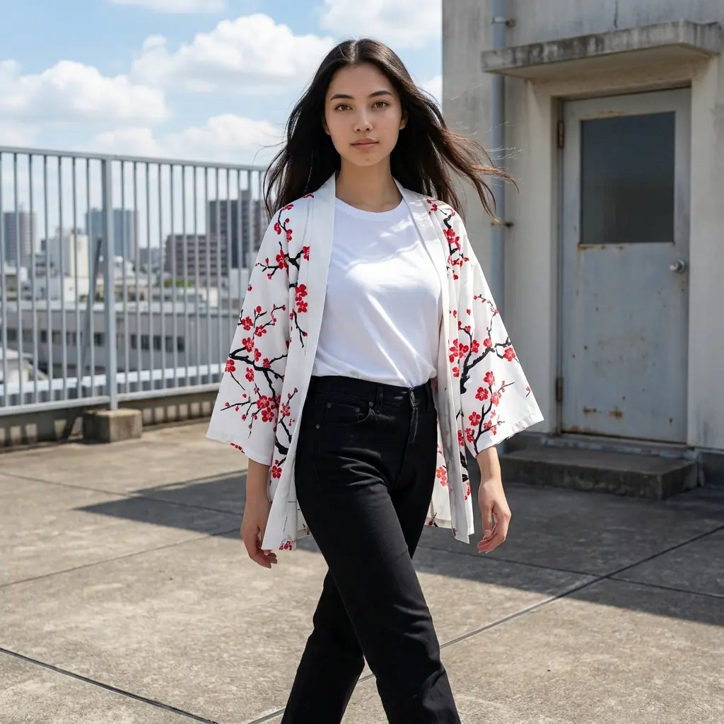 Haori fleurs de prunier blanc style traditionnel