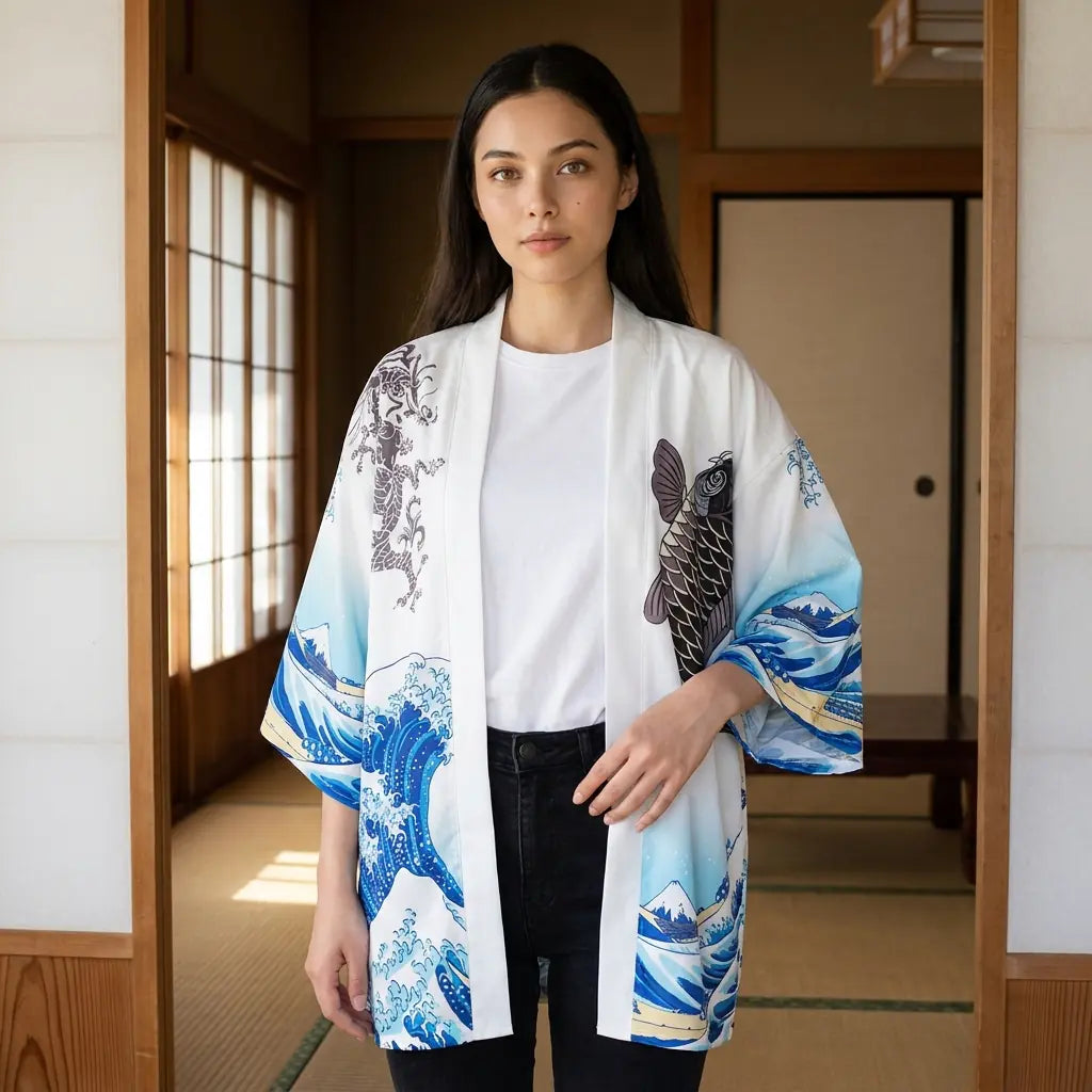 Haori grande vague koi vu de face, la vague se déployant sur les pans avant