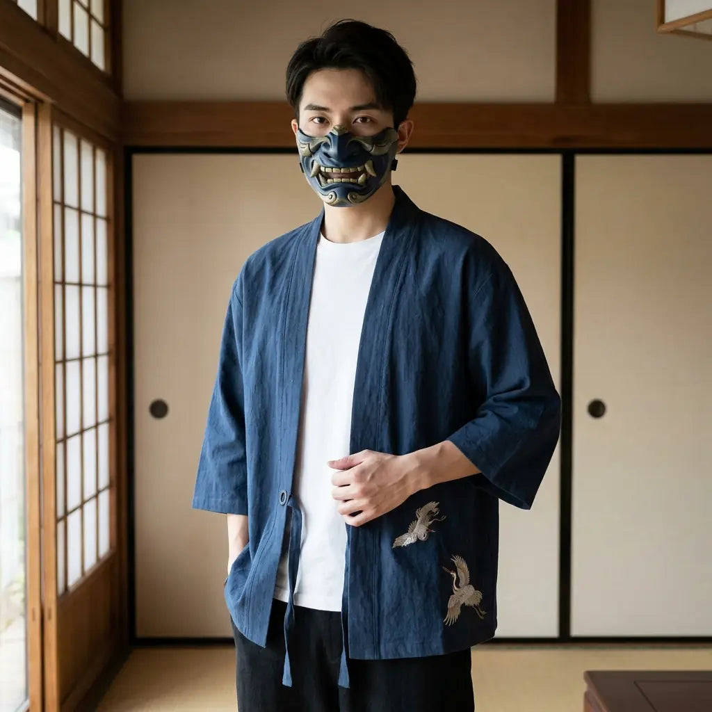 Homme portant un haori grue dans une pièce japonaise washitsu avec des shoji, vue de face taille