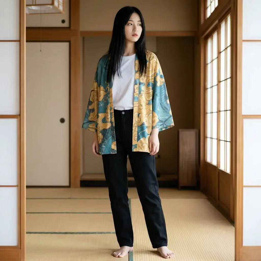 Haori Harajuku porté par un homme dans une pièce japonaise traditionnelle, vue de face