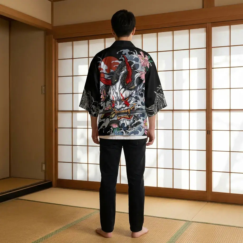 Kimono Japonais Haori vu de dos, motif complet visible