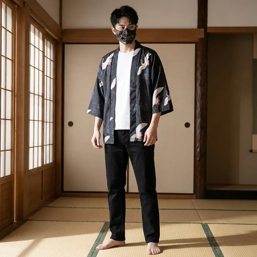 Haori Japonais porté par un homme dans une pièce japonaise traditionnelle, vue de face