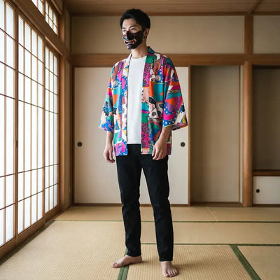 Montsuki Haori porté par un homme dans une pièce japonaise traditionnelle, vue de face