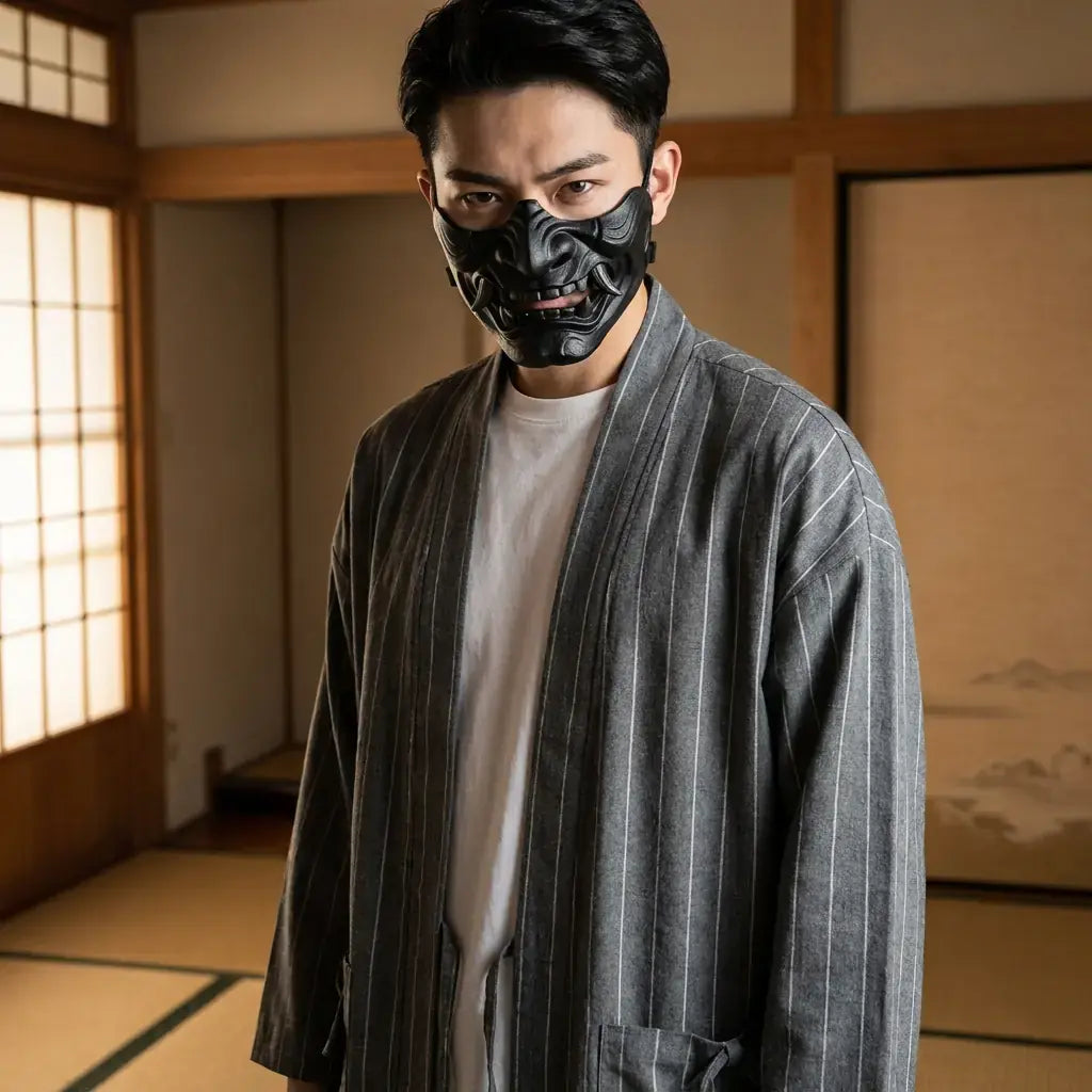 Haori Jacket Tsuru porté par un homme dans une pièce japonaise traditionnelle, vue de face