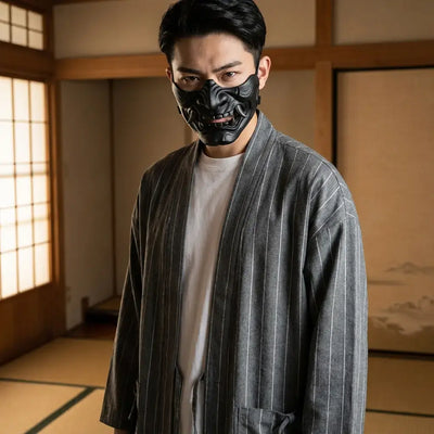 Haori Jacket Tsuru porté par un homme dans une pièce japonaise traditionnelle, vue de face