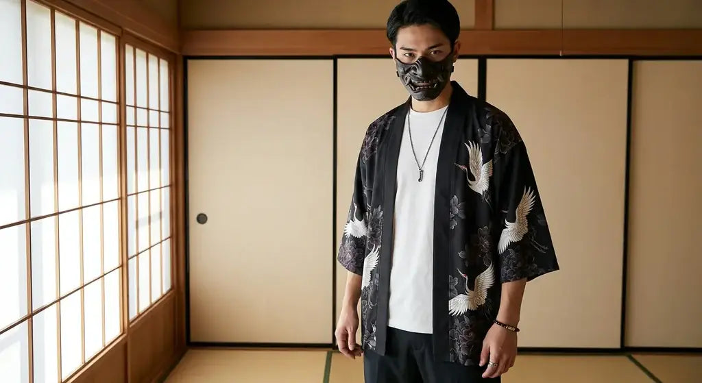 Haori Japonais porté par un homme dans une pièce japonaise traditionnelle, vue de face