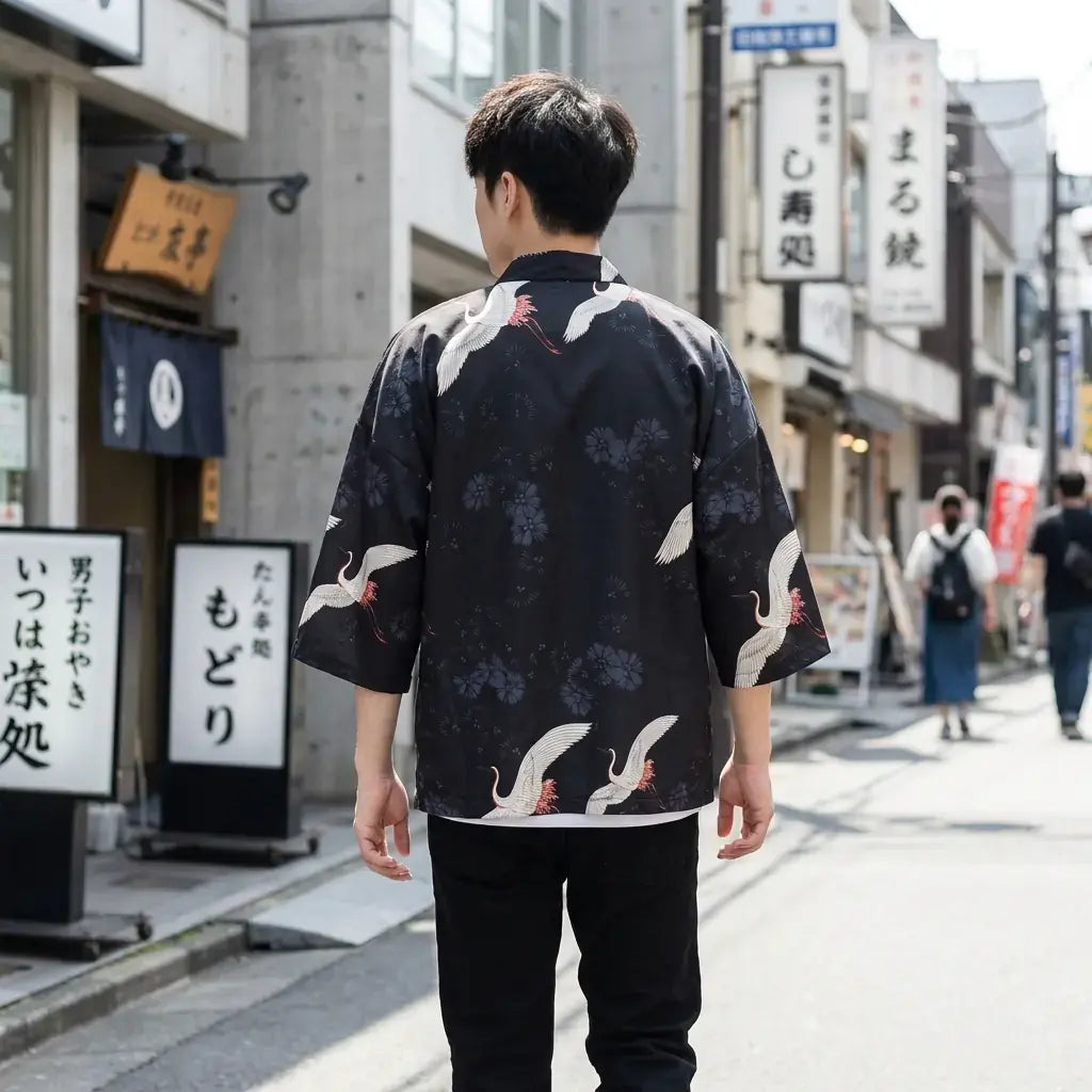 Haori Japonais porté par un homme dans une pièce japonaise traditionnelle, vue de face