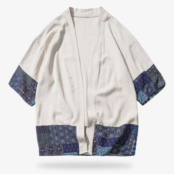 Une veste haori kimono cardigan de longueur courte avec des manches imprimés de motifs japonais géométriques
