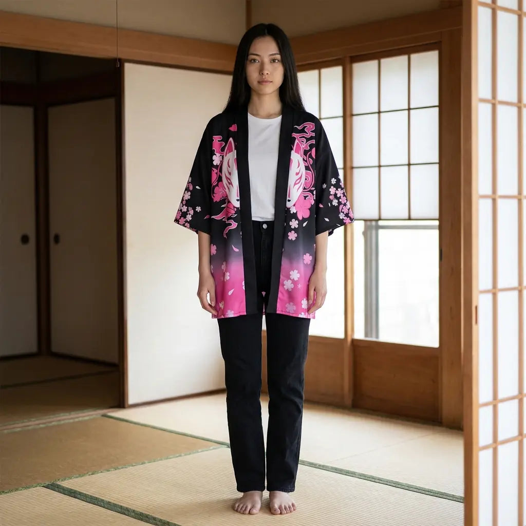 Haori kitsune femme dégradé noir et rose avec pivoines, porté sur tatami