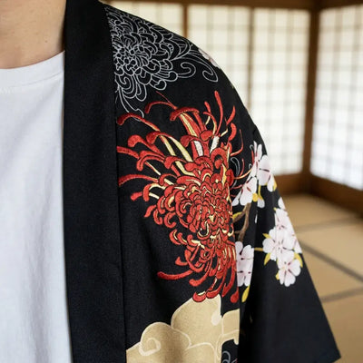 Gros plan sur le tissu et la manche du kimono wool haori