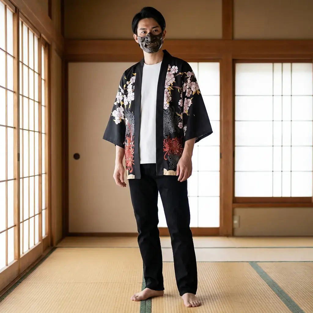 Kimono Wool Haori porté par un homme dans une pièce japonaise traditionnelle, vue de face