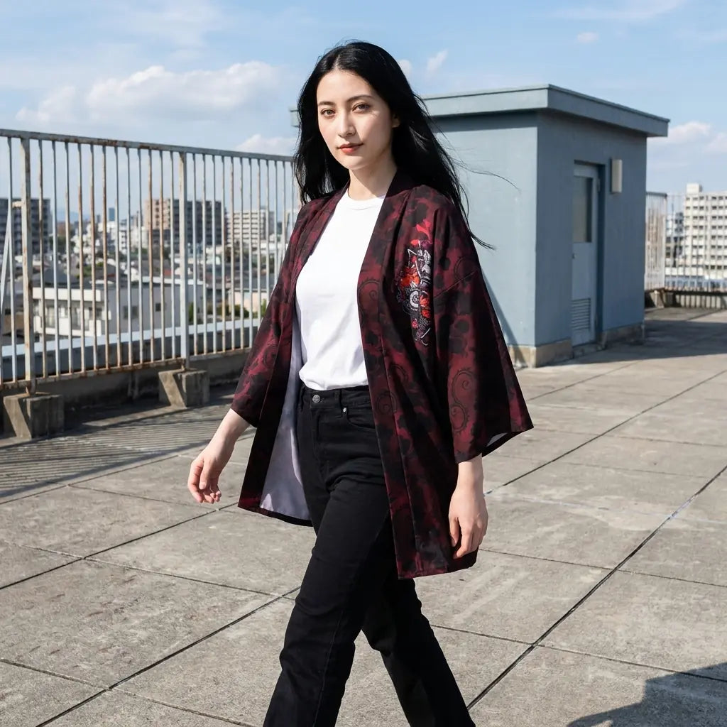 Le haori loup samouraï vu sur un toit-terrasse en ville, l'imprimé recouvrant les manches et le dos
