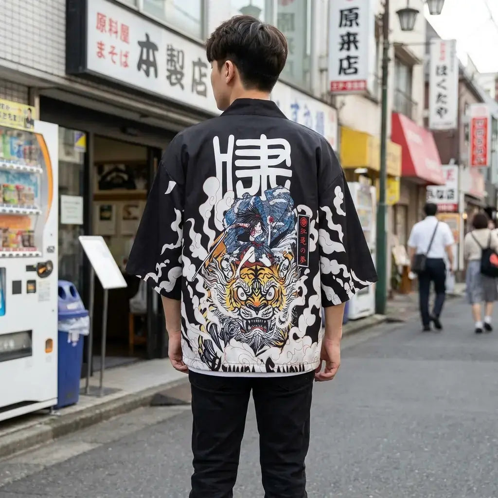 Haori Murasame porté par un homme dans une pièce japonaise traditionnelle, vue de face