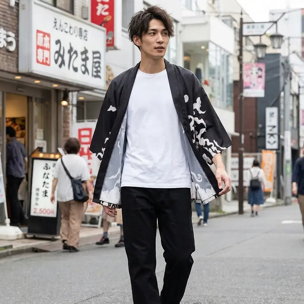 Haori Murasame porté par un homme dans une pièce japonaise traditionnelle, vue de face