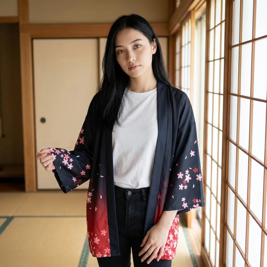 Haori noir fleurs de cerisier