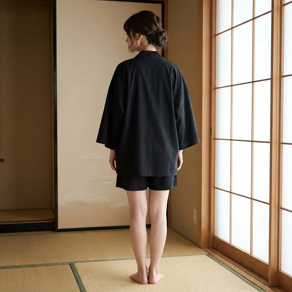 Haori noir homme de dos, coupe cardigan japonais