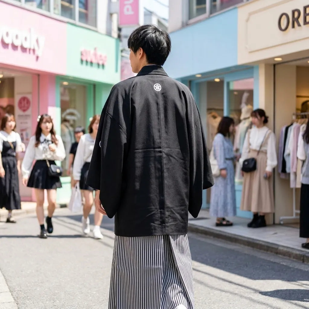 Haori noir avec kamon brodés vu de dos