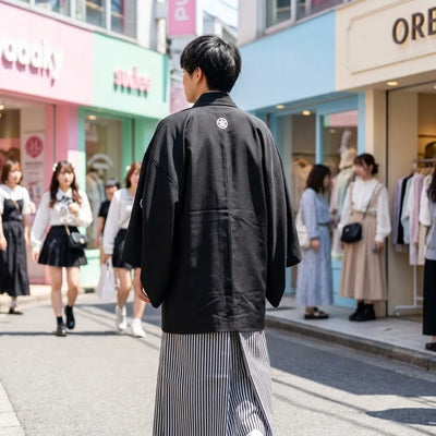 Haori noir avec kamon brodés vu de dos
