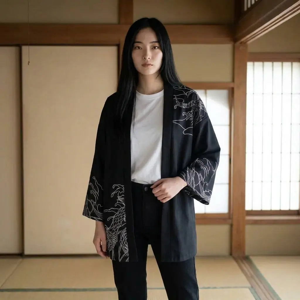 Haori Oni argenté porté ouvert, vu de face devant des shoji
