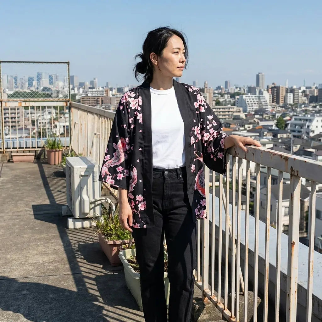 Haori koi soleil rouge porté ouvert sur un toit-terrasse