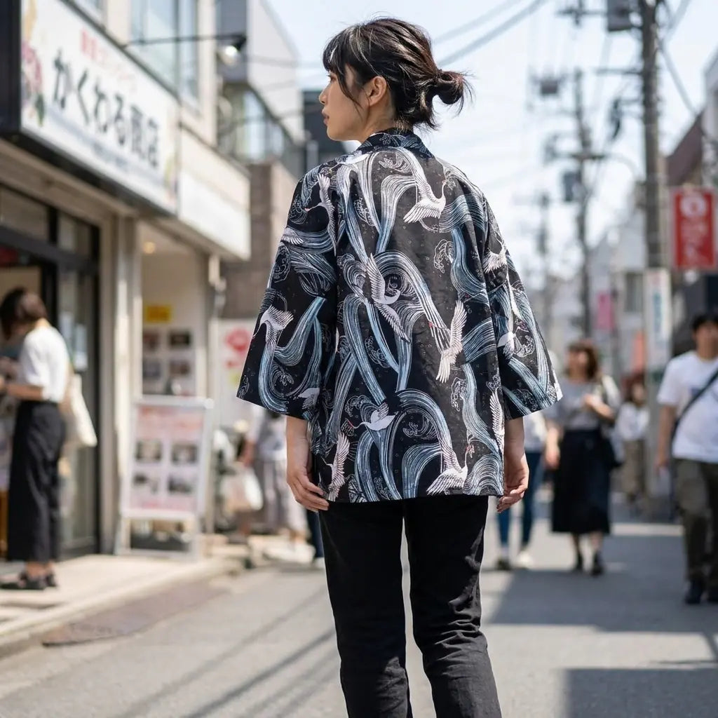 Haori streetwear harajuku porté dans une rue de Harajuku