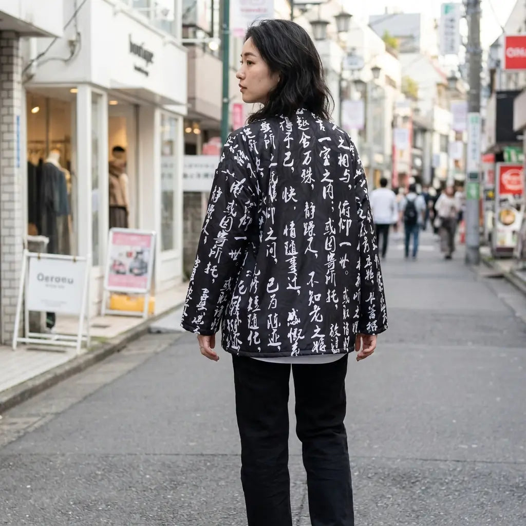 Femme vue de dos portant une veste haori dans une rue de Harajuku