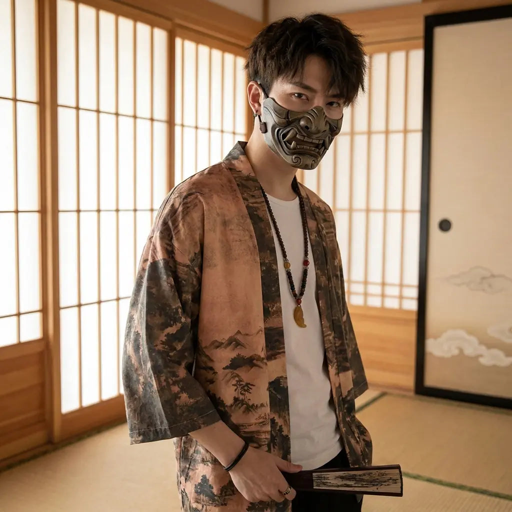 Homme portant un haori streetwear dans une pièce japonaise washitsu avec des shoji, vue de face taille haute