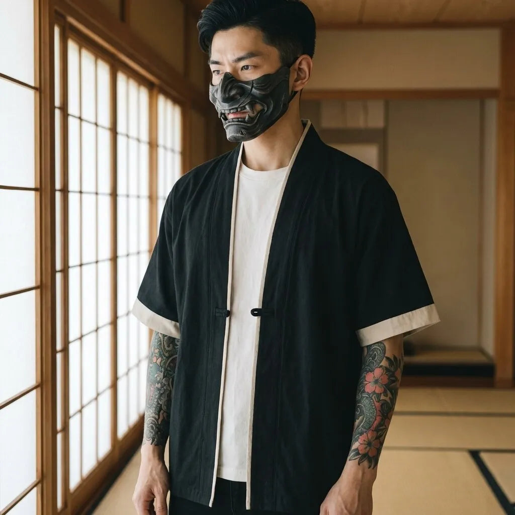 Haori Style noir porté de face, veste kimono homme