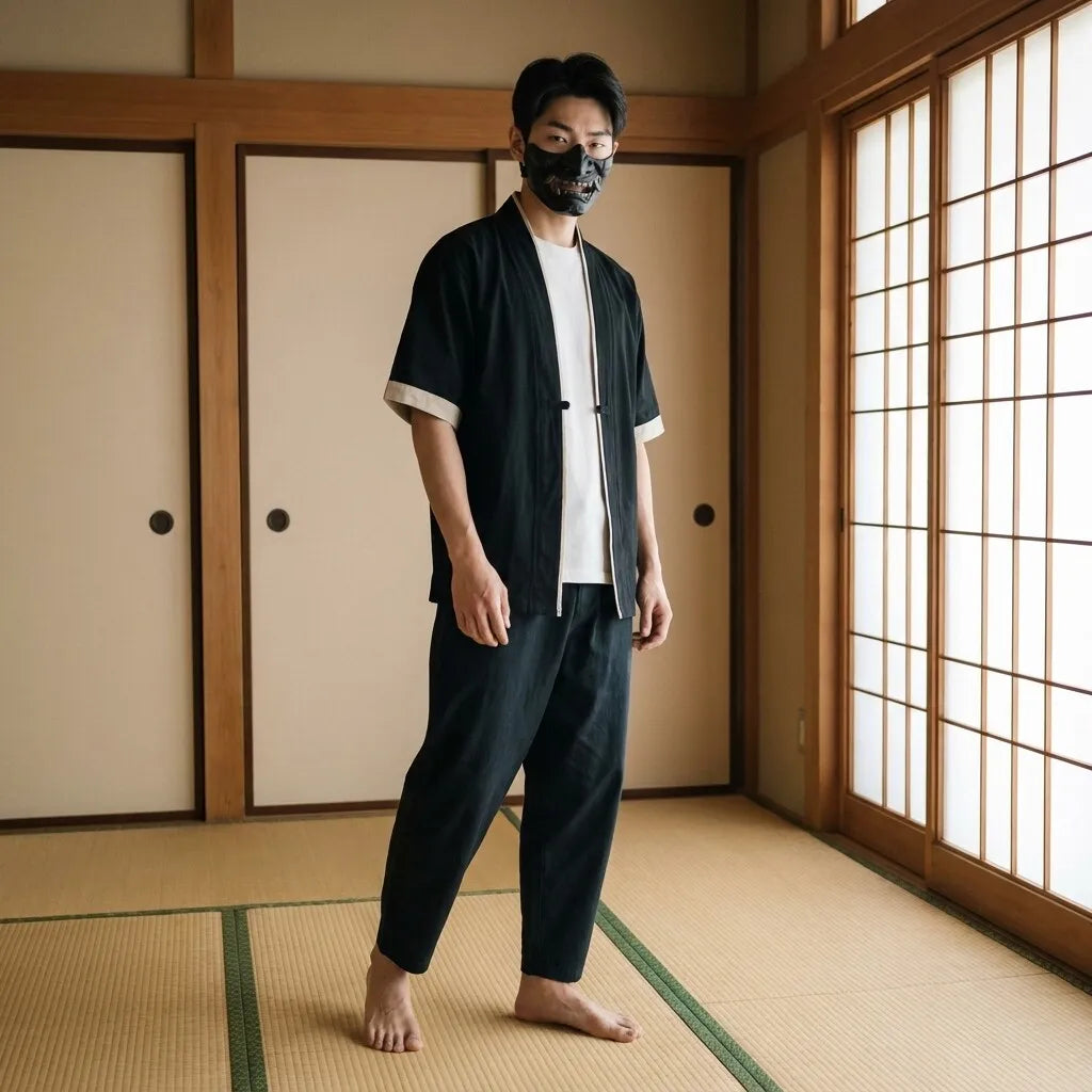 Haori Style veste kimono japonaise noire vue de face