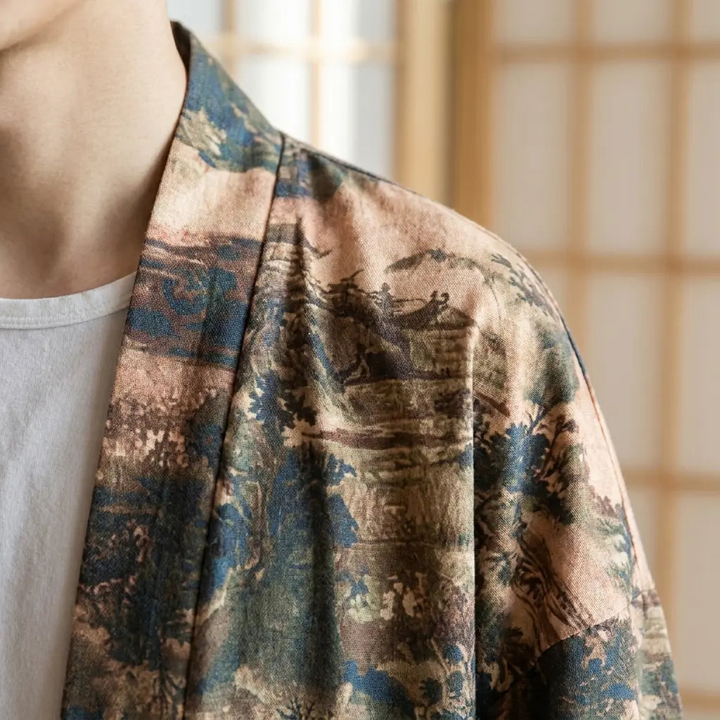 Gros plan sur le tissu imprimé et la manche d'un haori streetwear