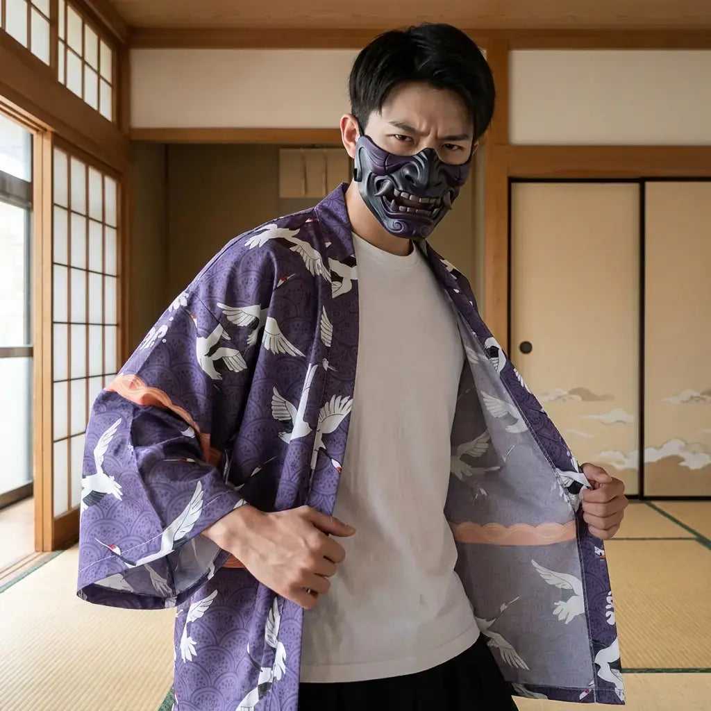 Haori Tokyo porté par un homme dans une pièce japonaise traditionnelle, vue de face
