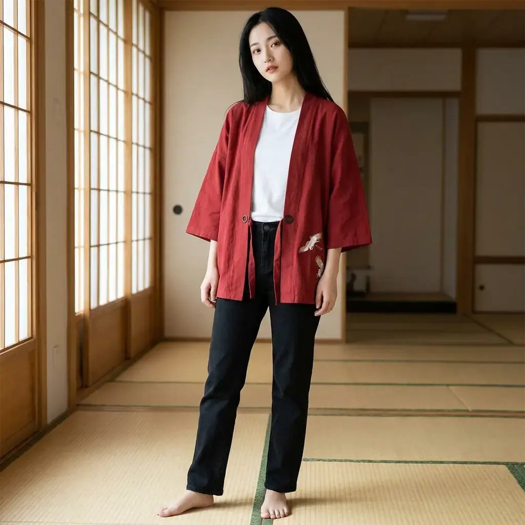 Haori Traditionnel porté par un homme dans une pièce japonaise traditionnelle, vue de face