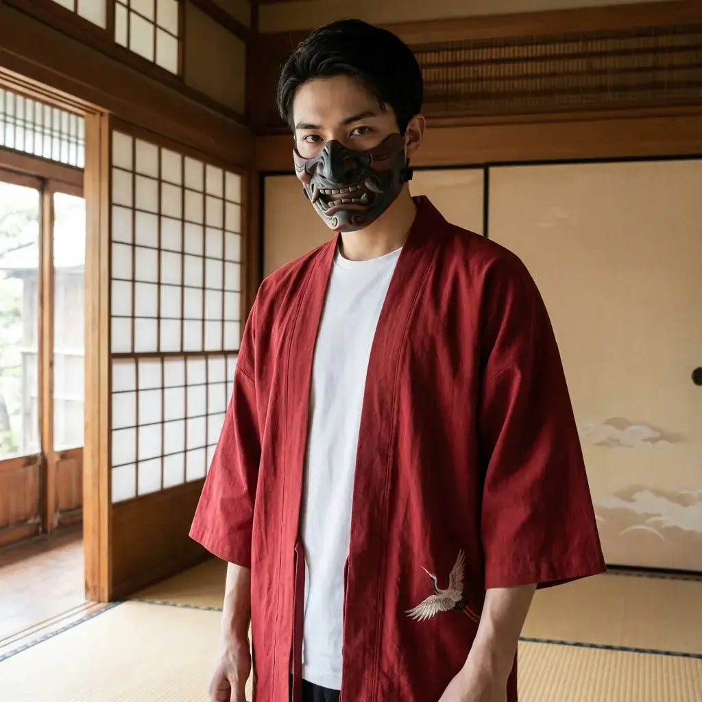 Haori Traditionnel porté par un homme dans une pièce japonaise traditionnelle, vue de face