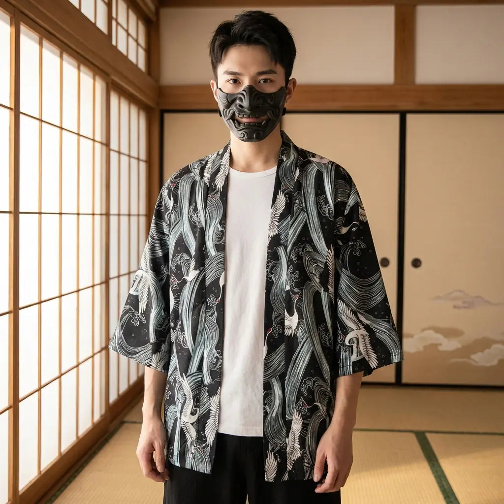 Homme portant un haori tsuru vagues dans une pièce japonaise avec shoji, vue de face à mi-corps