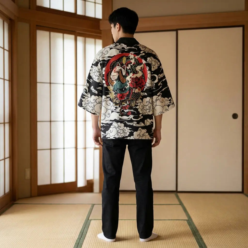 Haori Jacket Tsuru vue de dos dans un salon japonais