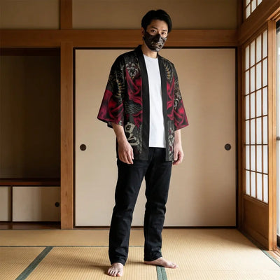 Homme portant un haori yokai dans une pièce traditionnelle japonaise washitsu, vue de face