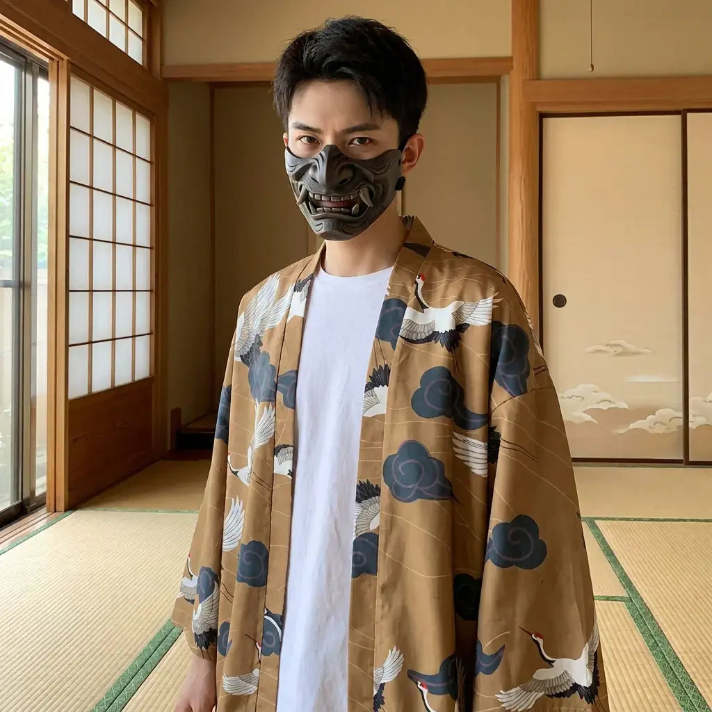 Haori Yukata porté par un homme dans une pièce japonaise traditionnelle, vue de face