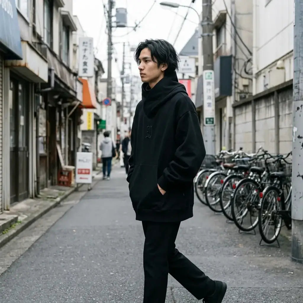 Hoodie noir oversize pour homme, les épaules tombantes et manches larges saisies en marchant à Harajuku