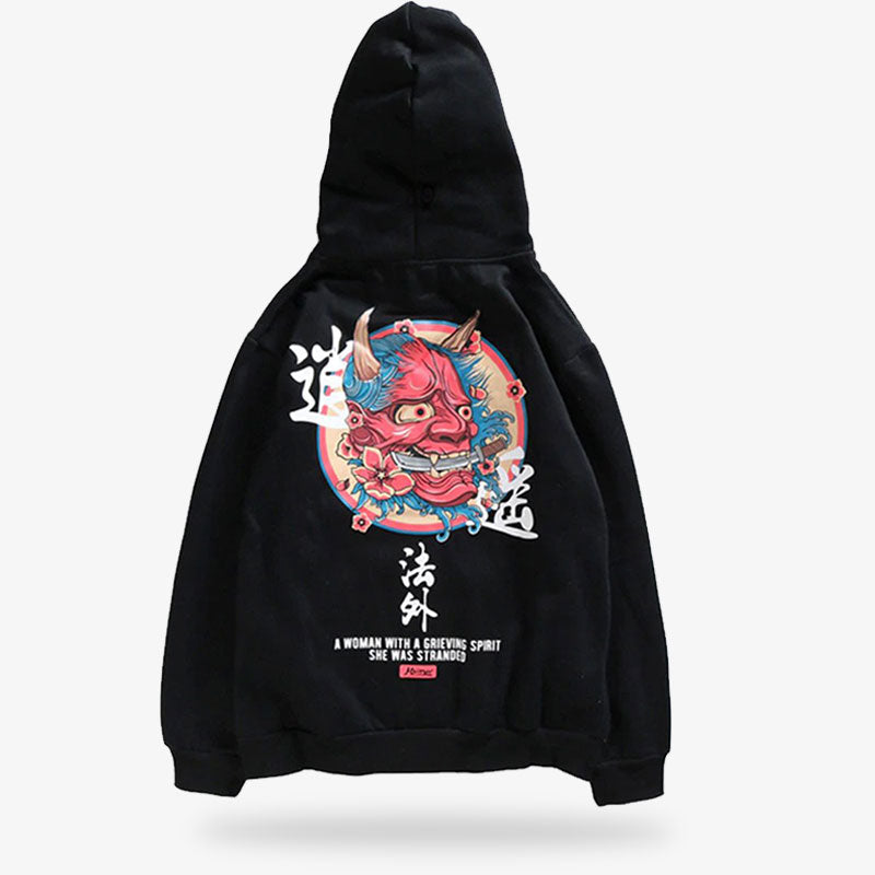 Le hoodie Oni noir est imprimé d'un visage de démon inspiré du tatouage irezumi et de kanji