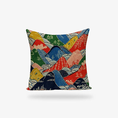 Cette housse de coussin paysage japonais est multicolore