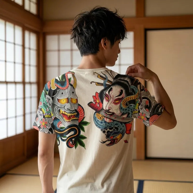 Irezumi T-shirt vue de dos avec impression Oni