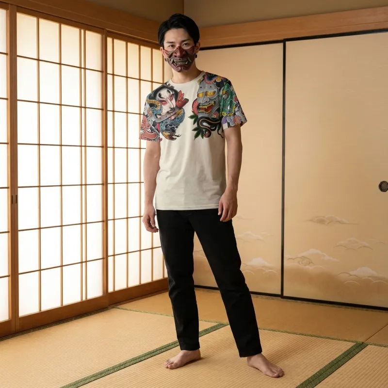 Irezumi T-shirt manches Yurei et Oni vue de face rapprochée