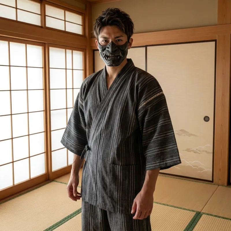 un homme porte un vetement japonais traditionnel jinbei. Il porte aussi un masque japonais de Oni dans une pièce japonaise traditionnelle.
