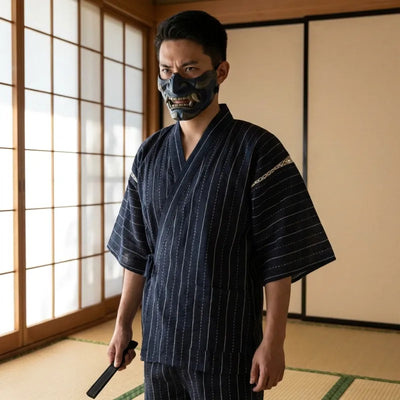 un homme porte un vetement jinbei et un masque de samouraï dans une pièce japonaise traditionnelle
