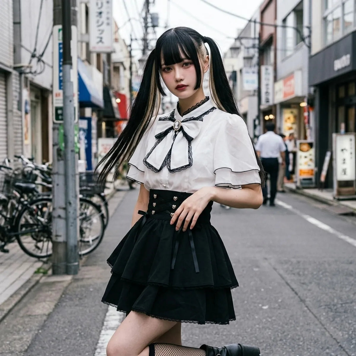 La jupe courte noire a etages et sa ceinture corset vues de trois quarts dans une ruelle de harajuku