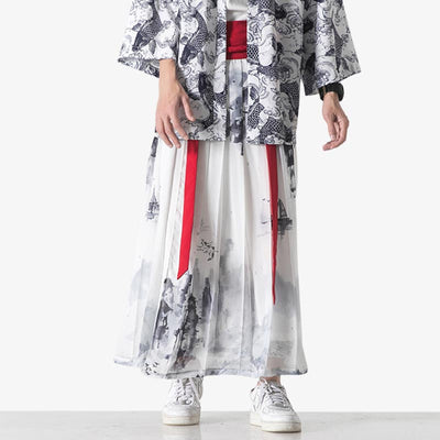 Jupe kimono blanche avec motif ukiyo-e imprimé sur le tissu