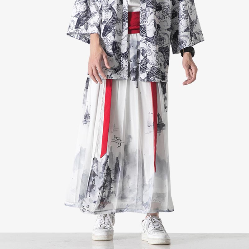 Jupe kimono blanche avec motif ukiyo-e imprimé sur le tissu