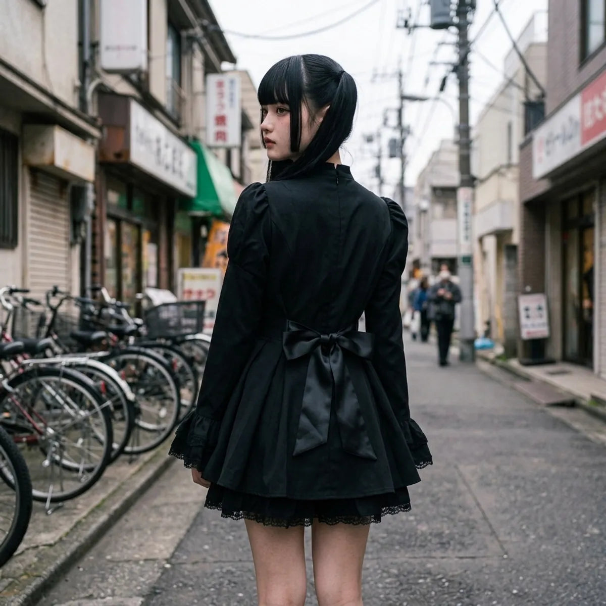 Vue arrière de la robe lolita sombre à Harajuku, avec le noeud en satin noué à la taille et la jupe plissée.