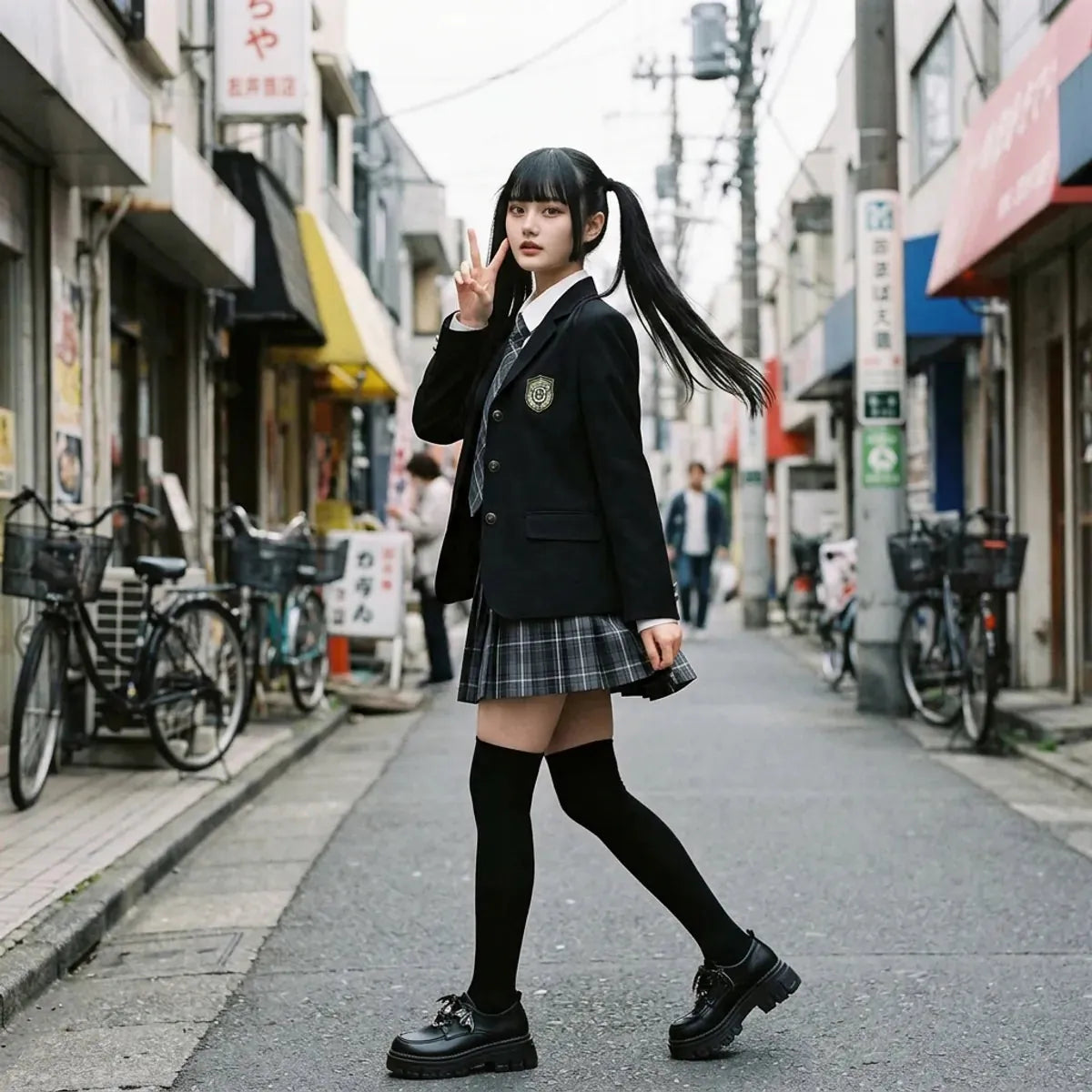 Tenue JK à Harajuku capturée en plein mouvement, la jupe plissée à carreaux virevoltant avec des chaussures lolita noires