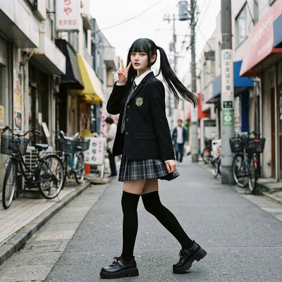 Tenue JK à Harajuku capturée en plein mouvement, la jupe plissée à carreaux virevoltant avec des chaussures lolita noires